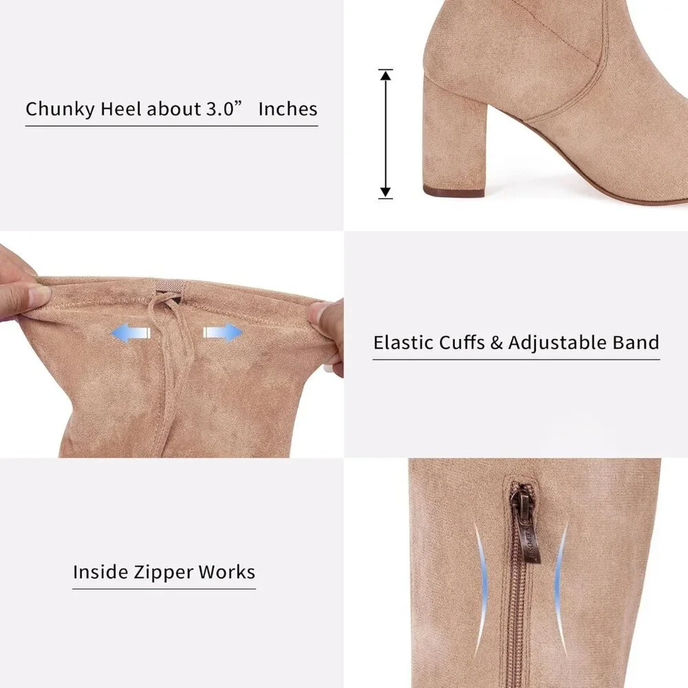 Women's Sand Suede Inner Zipper Thigh High Over The Knee High Square Heel Boots